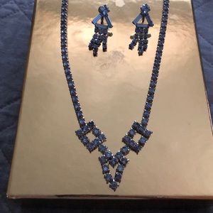 Baby blue rhinestone necklace and clip on earrings